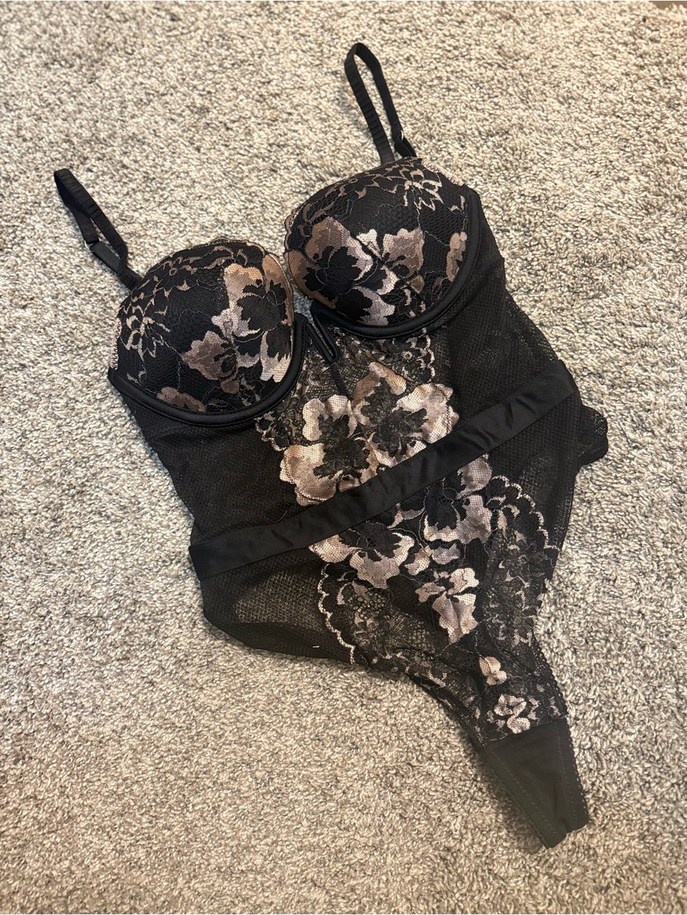 Never Worn ⚡️ Black Lace Bodysuit Bra with Sheer Accents